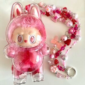 Pink Labubu Love Plush Toy with Beaded Necklace